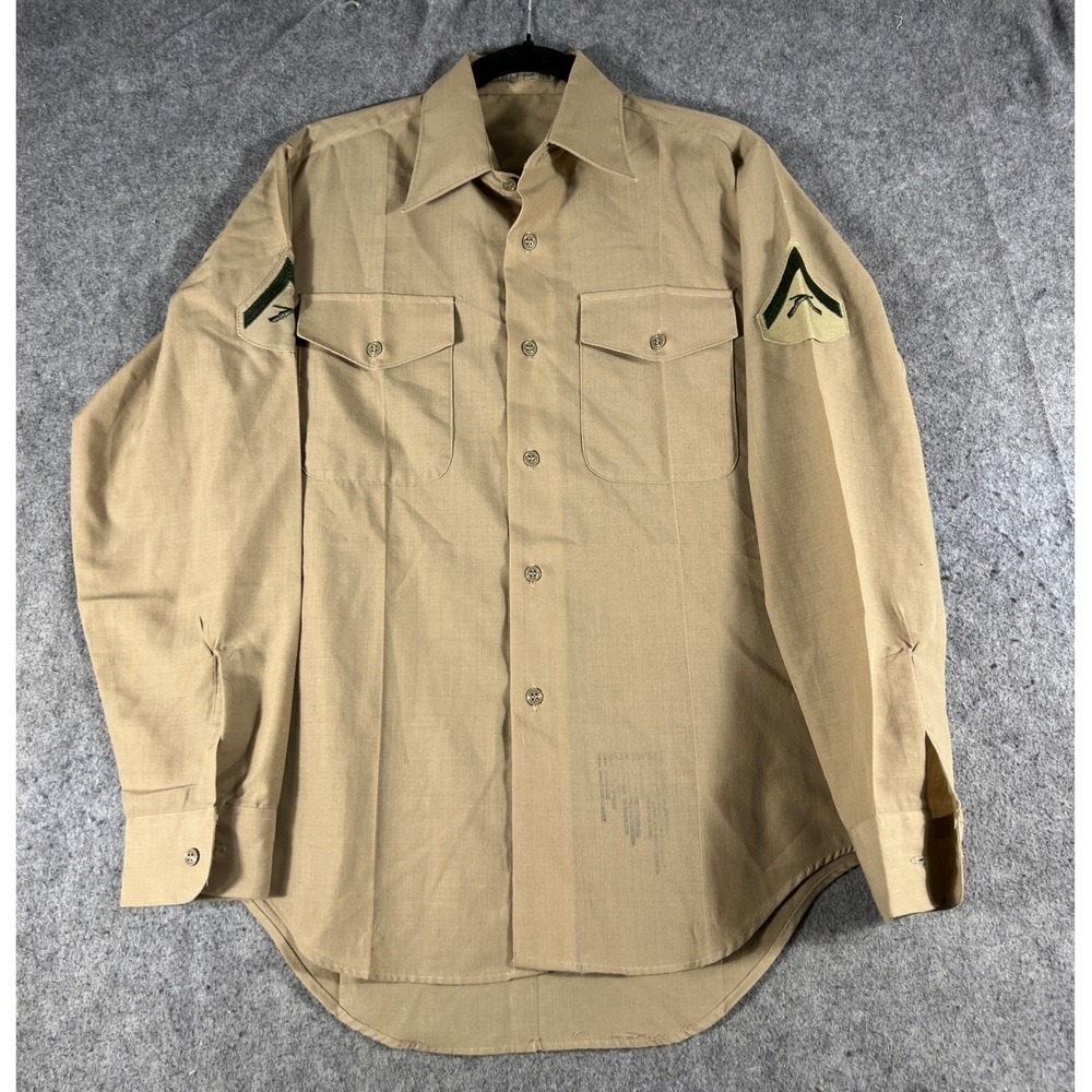 VTG 70s USMC Military Uniform Button Up Shirt Mens M Brown Long Sleeve Patches